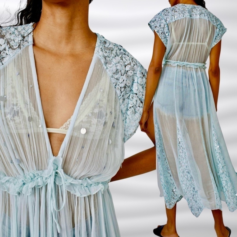FREE PEOPLE Make a Splash Sheer Sequin-Embellished Tie Front Long Cover-Up/Dress - Picture 6 of 16